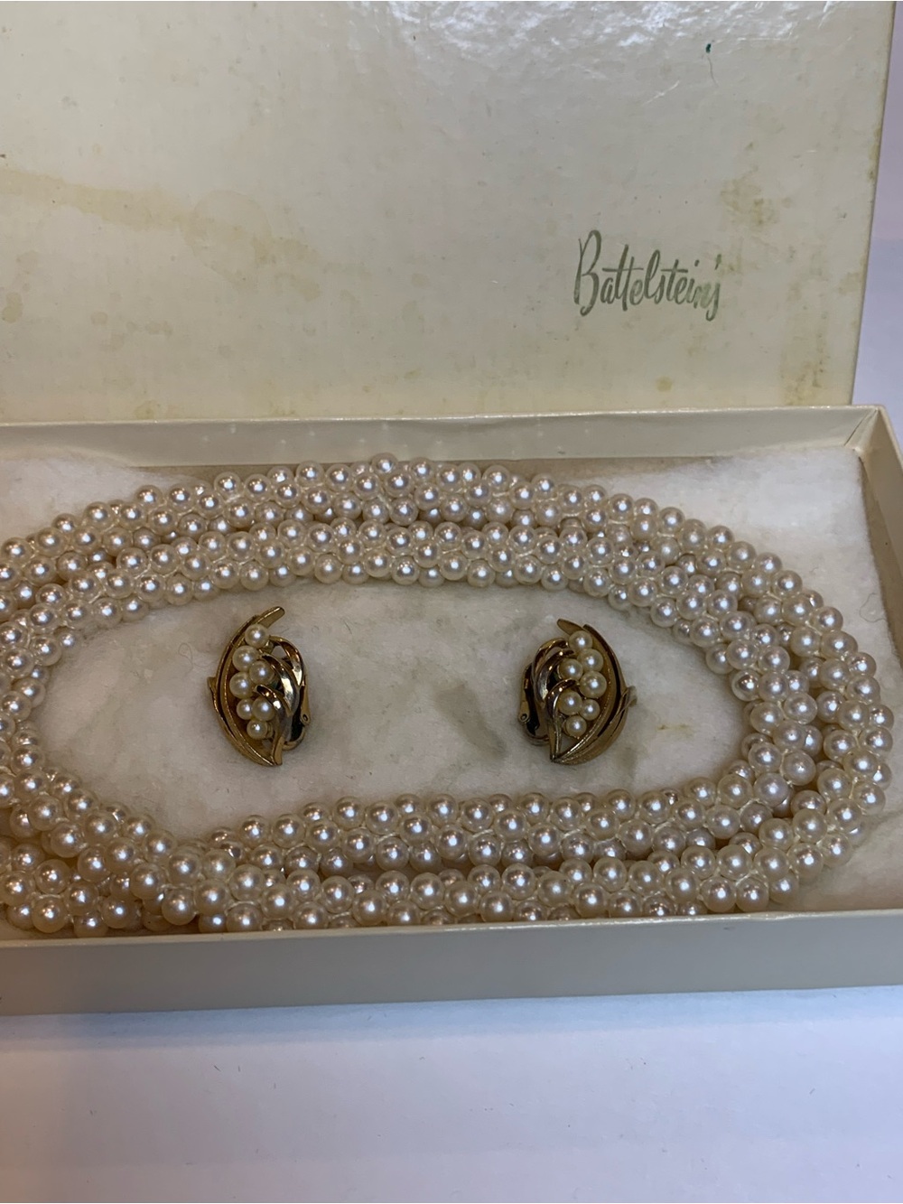 Trifari Faux Pearl Torsade Necklace Clip Earrings Set Battelstein’s Box